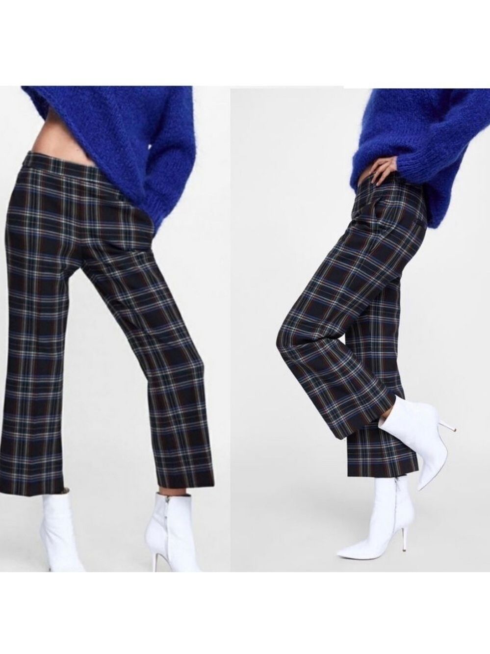 Zara plaid check flared cropped pants Sz 4